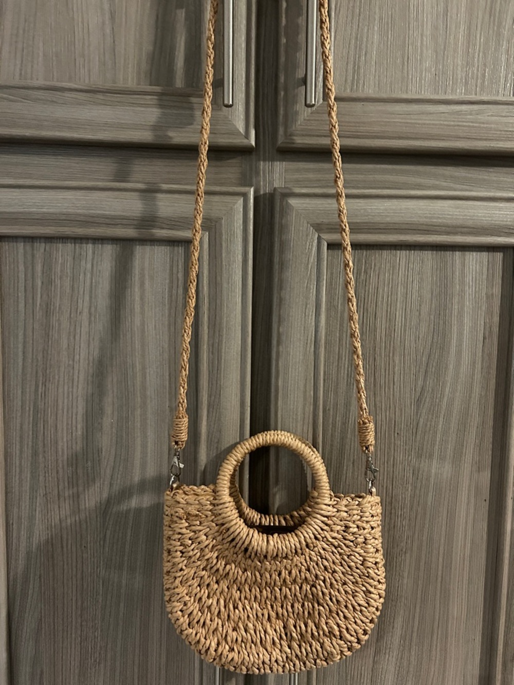 Handwoven Moon Straw Shoulder Bag Woven Rattan Crossbody Beach Tote
